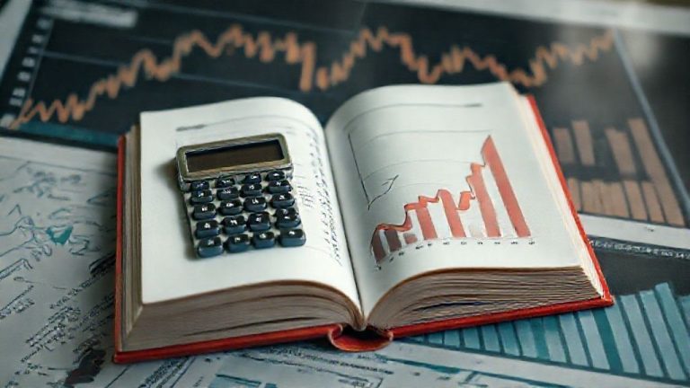 Ilustrasi tentang akuntansi: buku catatan, kalkulator, dan grafik keuangan