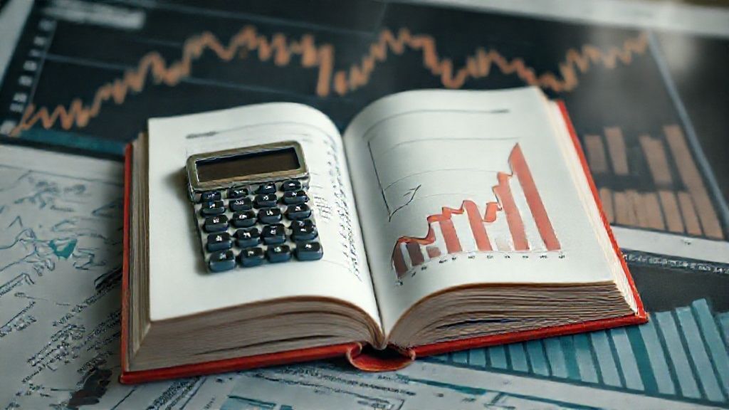 Ilustrasi tentang akuntansi: buku catatan, kalkulator, dan grafik keuangan