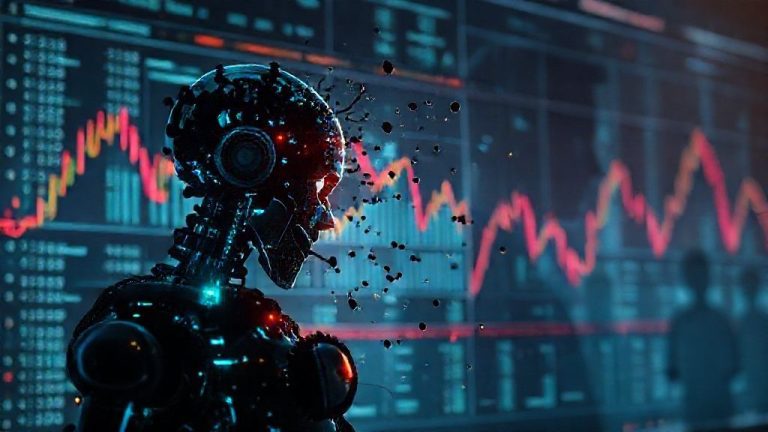 Ilustrasi kegagalan algoritma trading akibat bias kognitif trader, menunjukkan grafik yang menurun dan robot trading yang rusak