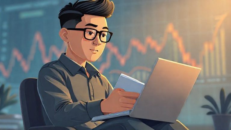 Ilustrasi orang sedang belajar keuangan dengan laptop dan buku