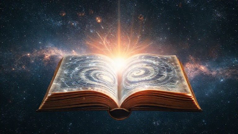 Buku kuno bercahaya di tengah galaksi, melambangkan Buku Kehidupan Kosmik