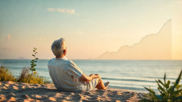 Ilustrasi Coast FIRE: Seseorang bersantai di pantai dengan grafik pertumbuhan investasi di latar belakang, melambangkan pensiun dini dan uang bekerja sendiri.