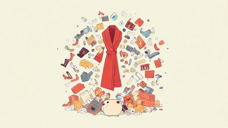 Ilustrasi visual Efek Diderot: Satu pembelian kecil memicu ledakan konsumsi berantai yang menguras tabungan.