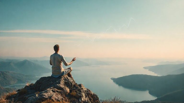 Ilustrasi FIRE ala Stoik: Seseorang bermeditasi di puncak gunung dengan pemandangan danau, melambangkan kebebasan finansial dan ketenangan batin.