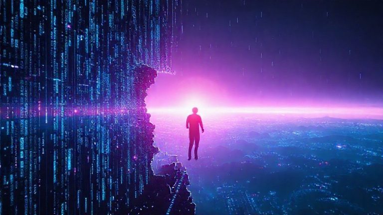 Hack Realitas Anda: Panduan Lengkap Memprogram Ulang Kode Sumber Identitas untuk Keluar dari Simulasi Pribadi Anda 8 Seseorang memecahkan kode matriks dengan simbol-simbol identitas dan realitas di sekelilingnya, melambangkan pemrograman ulang diri.