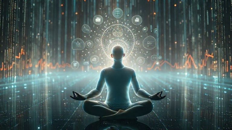 Hack Realitas Anda: Menguak 'Holographic Universe Theory' dan 'Matrix Awareness' untuk Memprogram Ulang Bawah Sadar Anda (Panduan Eksklusif Mengubah 'Kode Sumber' Kehidupan) 10 Seseorang bermeditasi di lingkungan futuristik dengan proyeksi holografik impiannya, melambangkan 'hacking realitas' dan memprogram ulang bawah sadar.