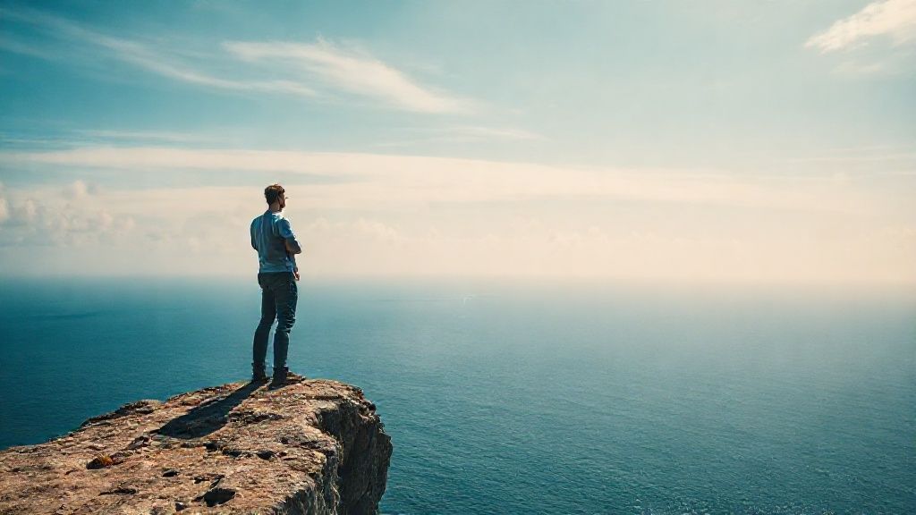 Jebakan Coast FIRE: Mengapa Strategi Pensiun Dini Ini Berisiko Gagal Merdeka Finansial & Panduan Lengkap Mengatasinya 1 Ilustrasi jebakan Coast FIRE: Seseorang berdiri di tepi tebing memandang lautan luas, simbol kebebasan finansial, namun ada awan gelap di kejauhan yang merepresentasikan risiko tersembunyi.