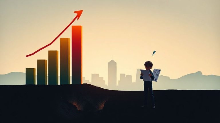 Grafik batang menunjukkan laba bersih positif tetapi arus kas operasi negatif, dengan latar belakang perusahaan yang tampak sukses namun retak. Ilustrasi investor bingung melihat laporan keuangan.