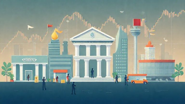 Ilustrasi berbagai jenis lembaga keuangan (bank, asuransi, pasar modal)