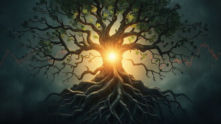 Melampaui Bayangan Leluhur: Panduan Lengkap Memutus 'Simpul Karma Dinamis' dengan Somatic Healing dan Memori Kolektif untuk Takdir Baru 12 Pohon akar dan cabang yang saling terkait, melambangkan beban leluhur yang gelap dan takdir baru yang cerah melalui penyembuhan.