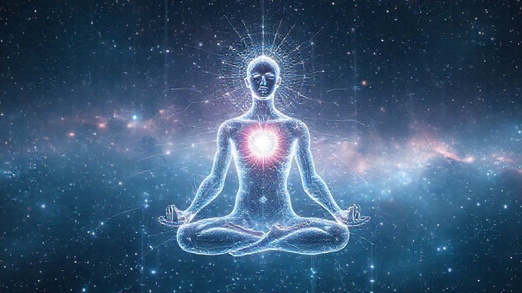 Manusia bermeditasi dalam simulasi holografik, mengedit realitas dengan kesadaran