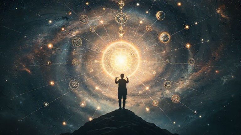 Ilustrasi kosmik dari 'Synchronicity Cluster' yang menghubungkan pikiran manusia dengan alam semesta multidimensi