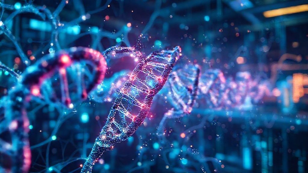 Ilustrasi konvergensi AI dan bioteknologi digital mendesain ulang DNA, menciptakan organisme baru