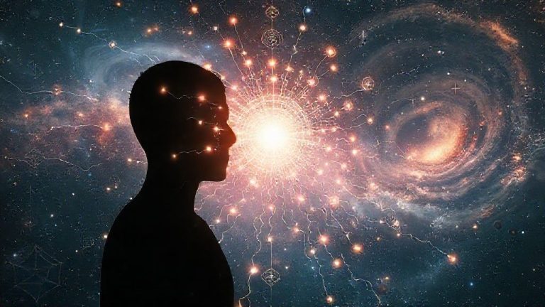 Siluet manusia terhubung ke jaringan kosmik, melambangkan intuisi dan precognition