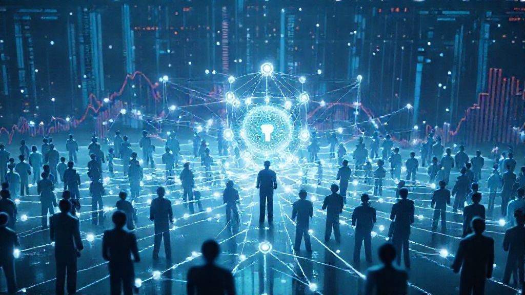 Ilustrasi visual tentang Decentralized Autonomous Organization (DAO) yang terdesentralisasi dan transparan