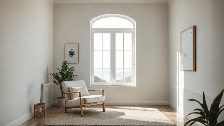 Interior rumah minimalis yang tenang dengan sedikit barang, melambangkan kebebasan finansial dan hidup lebih kaya.