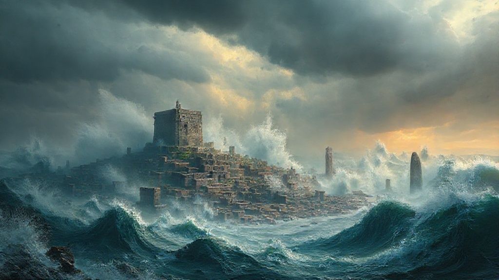 Peradaban Pra-Banjir Besar tenggelam oleh air bah raksasa, menunjukkan kehancuran kota kuno