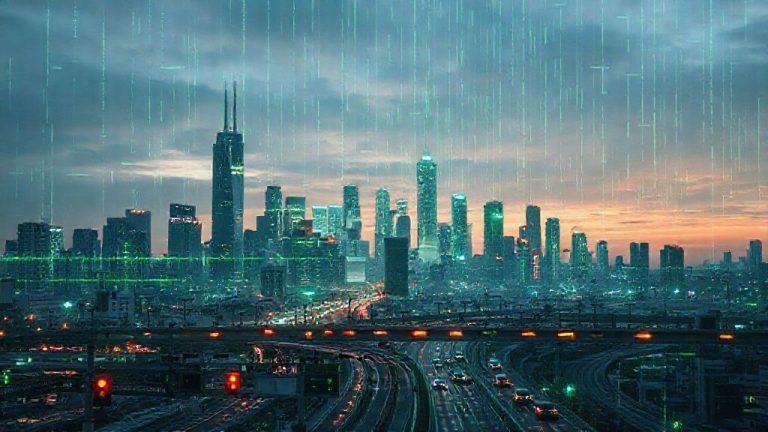 Panduan Ultimate: Bukan Cuma Data Anda – Melindungi Kota dari Serangan 'Model Poisoning' di AI Edge Computing 2 Ilustrasi serangan 'model poisoning' yang melumpuhkan kota pintar dengan AI Edge Computing, menunjukkan distorsi data pada infrastruktur kritis.