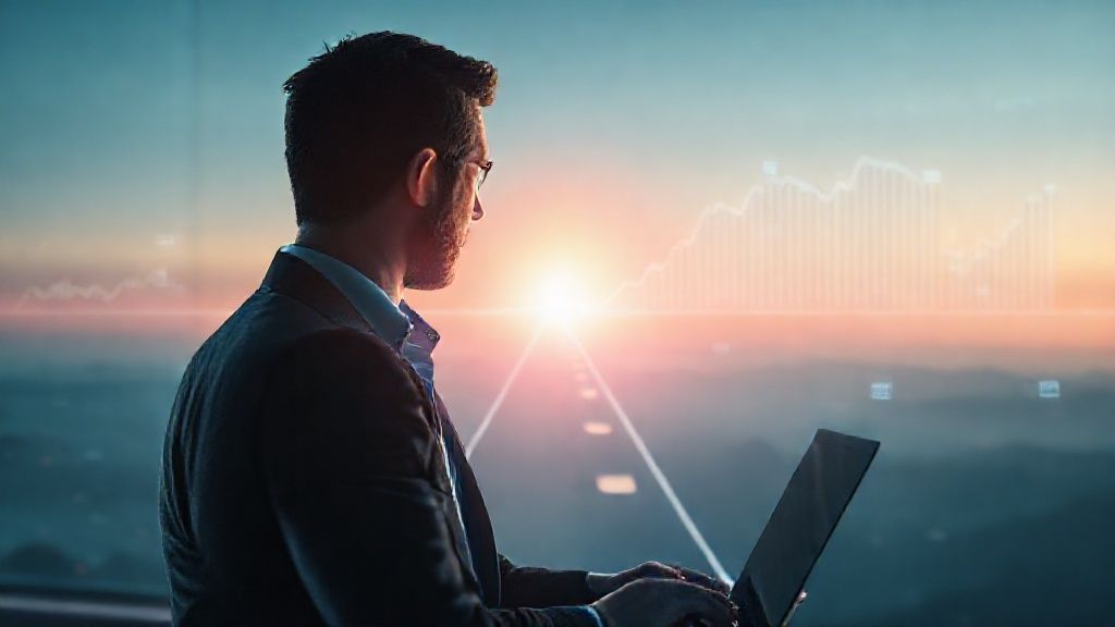 Ilustrasi Personal Future Net Worth: Pria melihat proyeksi keuangan holografik dan peta jalan menuju kebebasan finansial