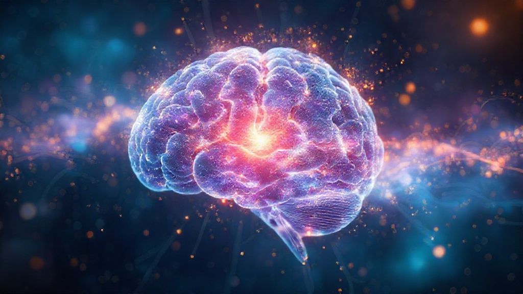 Otak manusia dengan 'antena kosmis' yang memancarkan dan menerima pola energi, simbol neuroplastisitas dan intuisi prediktif.