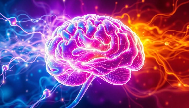 Panduan Ultimate: Neuroplastisitas & Neville Goddard – Menguak Rahasia Perasaan Membentuk Ulang Otak untuk Manifestasi Permanen 18 Otak manusia dengan jalur saraf bercahaya yang mewakili neuroplastisitas, berpadu dengan energi emosional untuk manifestasi