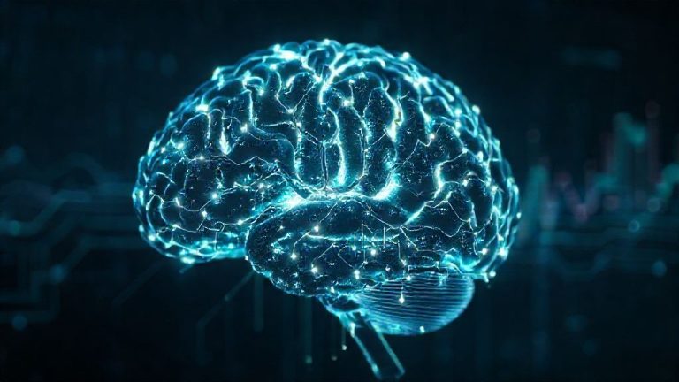 Ilustrasi chip neuromorfik yang meniru otak manusia dengan jalur saraf bercahaya