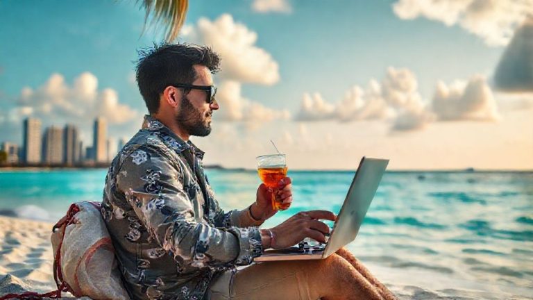Ilustrasi geoarbitrage finansial: seseorang bekerja remote di pantai tropis dengan gaji metropolitan