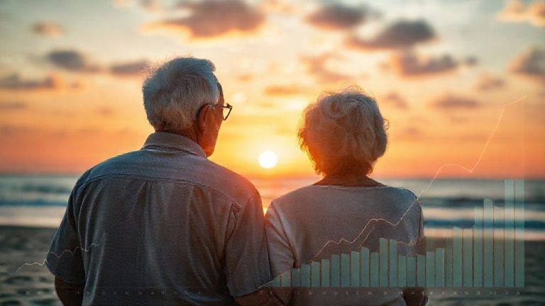 Pasangan lansia menikmati masa pensiun di pantai, melambangkan kebebasan finansial dan perencanaan pensiun yang sukses