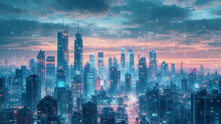 Ilustrasi kota futuristik yang menampilkan berbagai tren teknologi terkini.