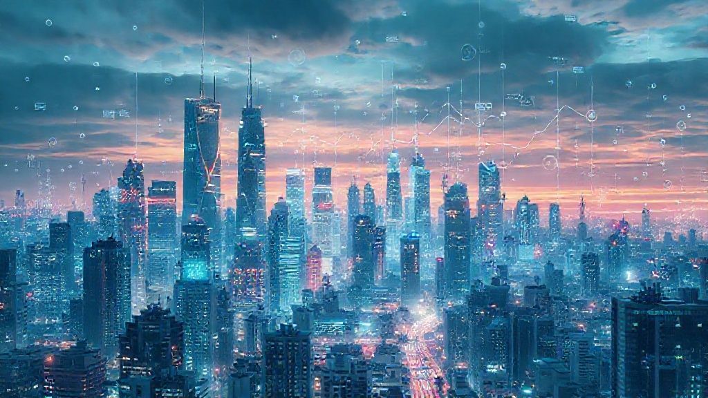 Ilustrasi kota futuristik yang menampilkan berbagai tren teknologi terkini.