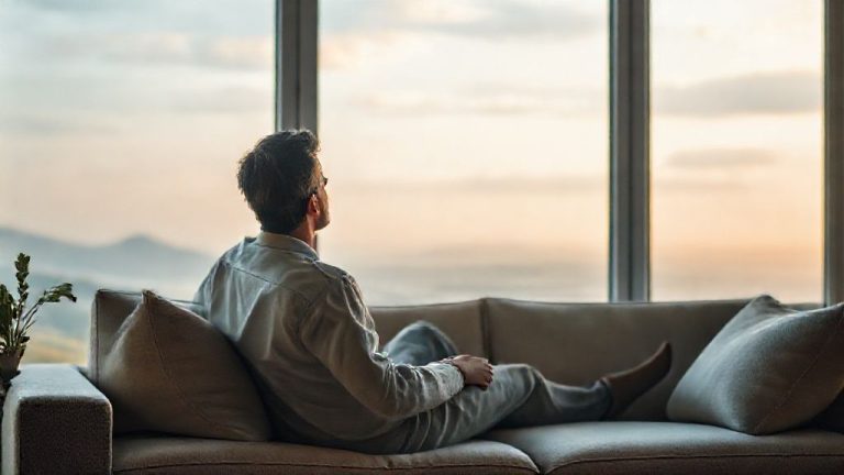 Ilustrasi seseorang yang merasa cukup dan damai dengan keuangan, menunjukkan psikologi 'cukup' dan kebebasan finansial.