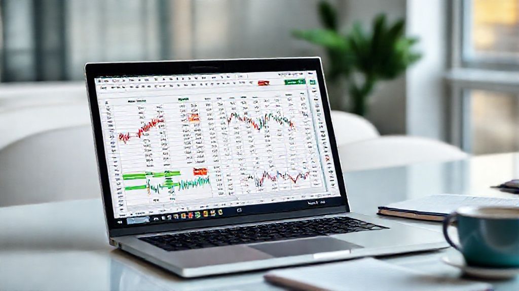 Ilustrasi laptop dengan Excel dan grafik trading, menunjukkan konsep algo trading tanpa coding.