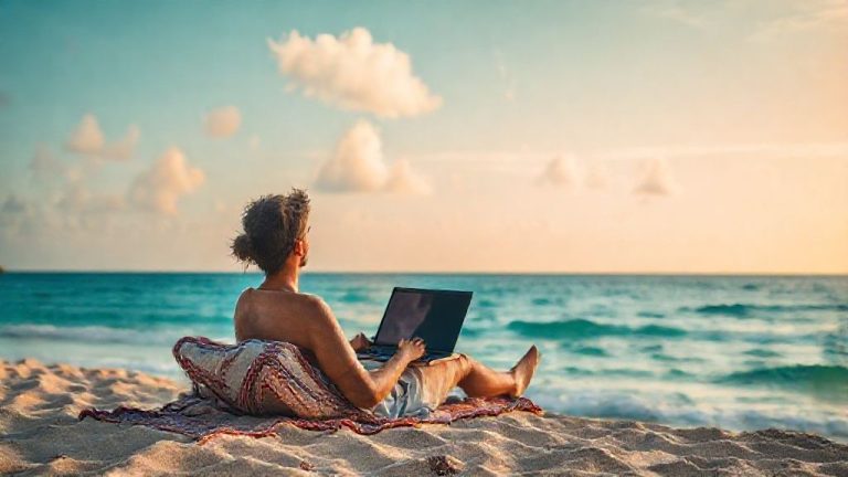 Ilustrasi seseorang menikmati mini-retirement di pantai, bekerja dari jarak jauh dengan laptop.