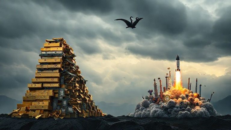 Ilustrasi Portofolio Barbell Nassim Taleb dengan aset aman dan spekulatif di tengah 'Angsa Hitam'