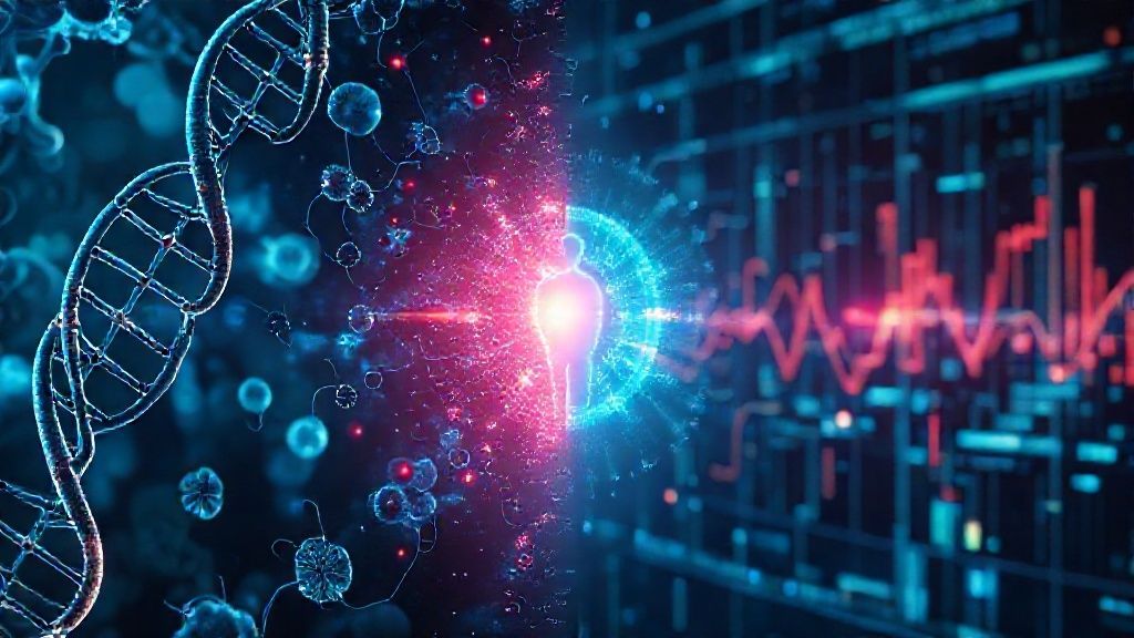 Ilustrasi prediksi penyakit dini dengan deep learning dan bioinformatika, menyoroti data genomik dan privasi.