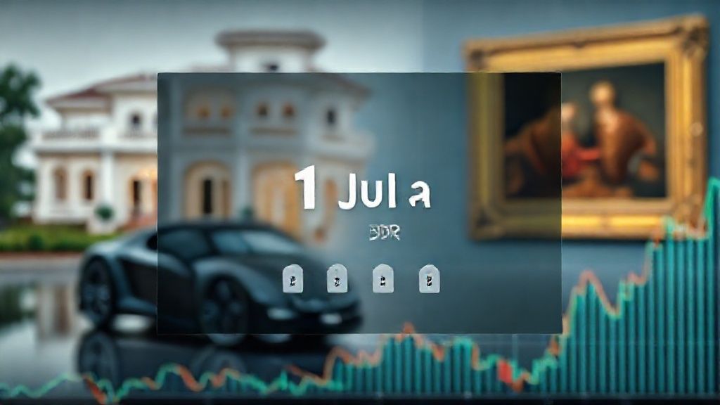 Antarmuka digital yang menunjukkan investasi RWA fraksional pada properti mewah dan karya seni langka dengan modal Rp1 Juta