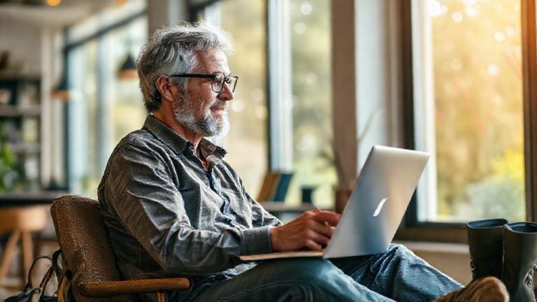 Seorang profesional muda menikmati semi-retirement, bekerja dengan laptop di kafe yang tenang sambil menikmati kebebasan waktu.