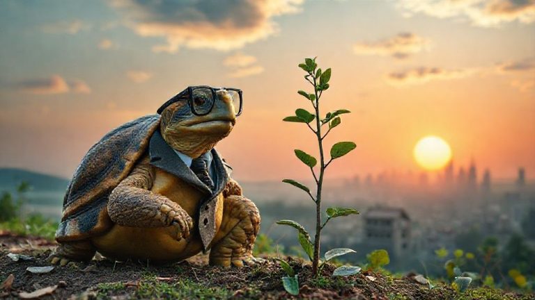 Ilustrasi kura-kura bijaksana dengan pohon uang, melambangkan strategi 'Slow Wealth' dan investasi jangka panjang yang stabil.