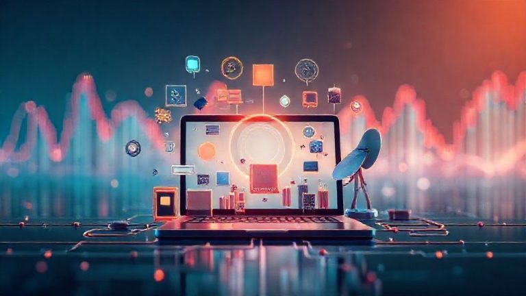 Ilustrasi Teknologi: Smartphone, Laptop, Chip, Satelit