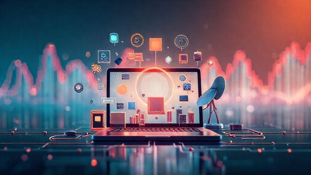 Ilustrasi Teknologi: Smartphone, Laptop, Chip, Satelit