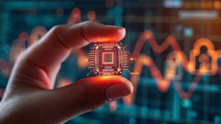 Mikrochip AI sekecil kuku jari dengan jaringan saraf bercahaya, melambangkan kecerdasan buatan di perangkat edge.