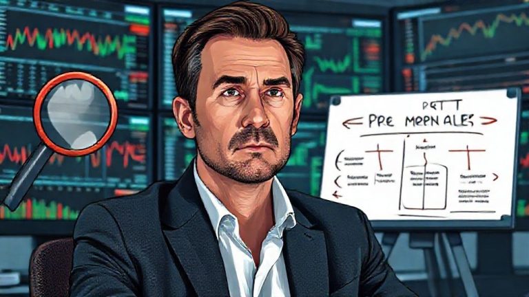 Seorang investor jenius yang sedang merenung di depan layar trading, dikelilingi oleh simbol-simbol bias kognitif seperti panah konfirmasi, cermin overconfidence, dan jangkar. Di sampingnya, ada papan tulis dengan diagram 'Pre-Mortem Analysis' yang menunjukkan strategi mitigasi risiko.