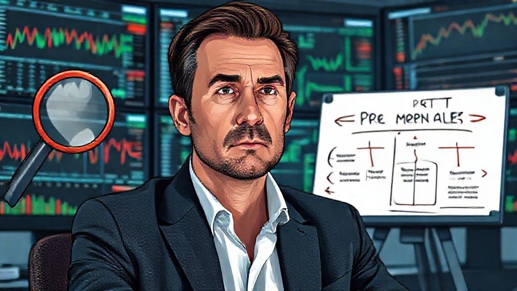Seorang investor jenius yang sedang merenung di depan layar trading, dikelilingi oleh simbol-simbol bias kognitif seperti panah konfirmasi, cermin overconfidence, dan jangkar. Di sampingnya, ada papan tulis dengan diagram 'Pre-Mortem Analysis' yang menunjukkan strategi mitigasi risiko.