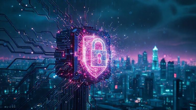 Ilustrasi Kiamat Kripto Kuantum: Komputer kuantum menghancurkan enkripsi digital, simbol keamanan siber pecah.