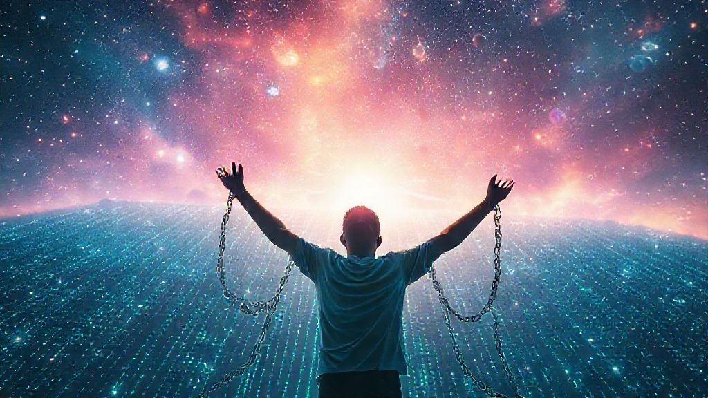 Ilustrasi seseorang membebaskan diri dari matriks keyakinan, menuju kebebasan quantum