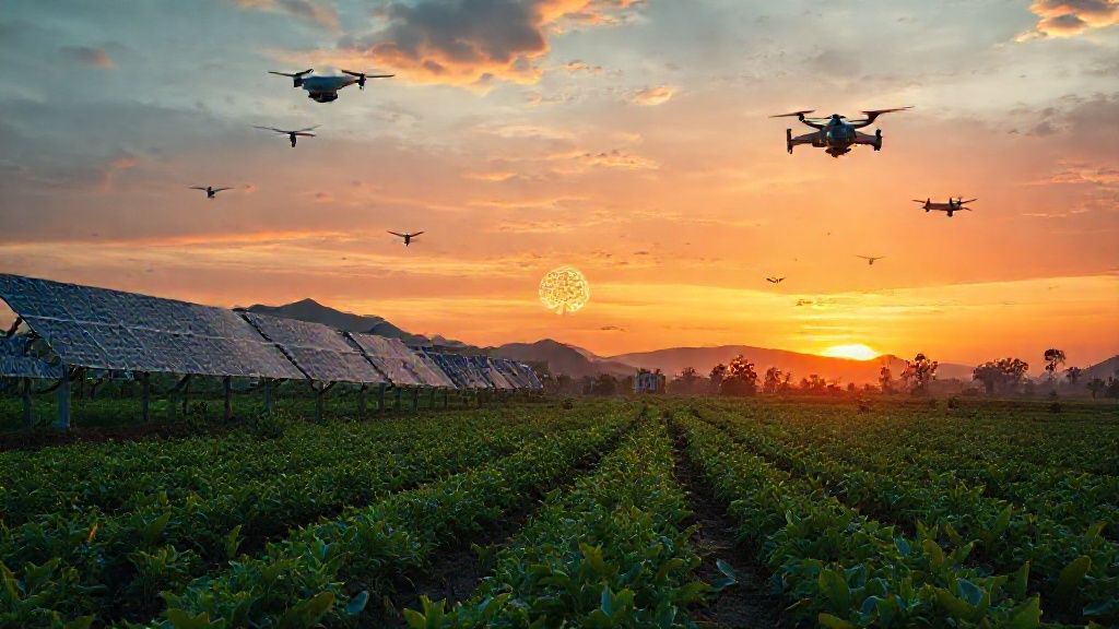 Ilustrasi pertanian presisi di lahan terpencil dengan Edge AI dan tenaga surya mandiri