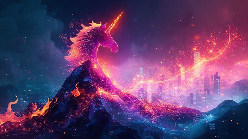 Ilustrasi valuasi startup unicorn, menunjukkan pertumbuhan eksponensial dan metode VC